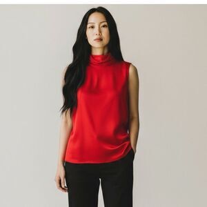 Vince Camuto Satin Mock Neck Sleeveless Blouse Lucious Red Sz S